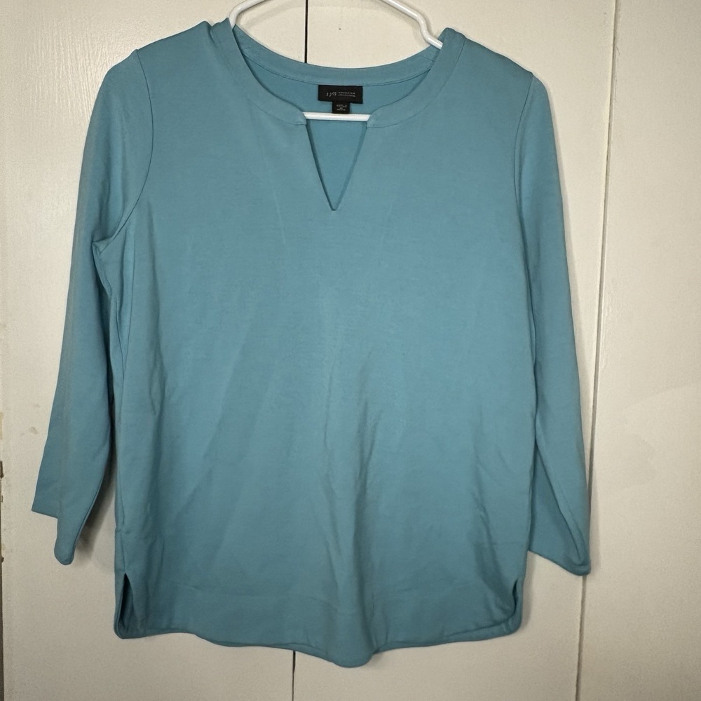 J Jill Wearever Collection Split Neck Knit Top 3/4 Sleeve Sz XS Petite Sea Blue